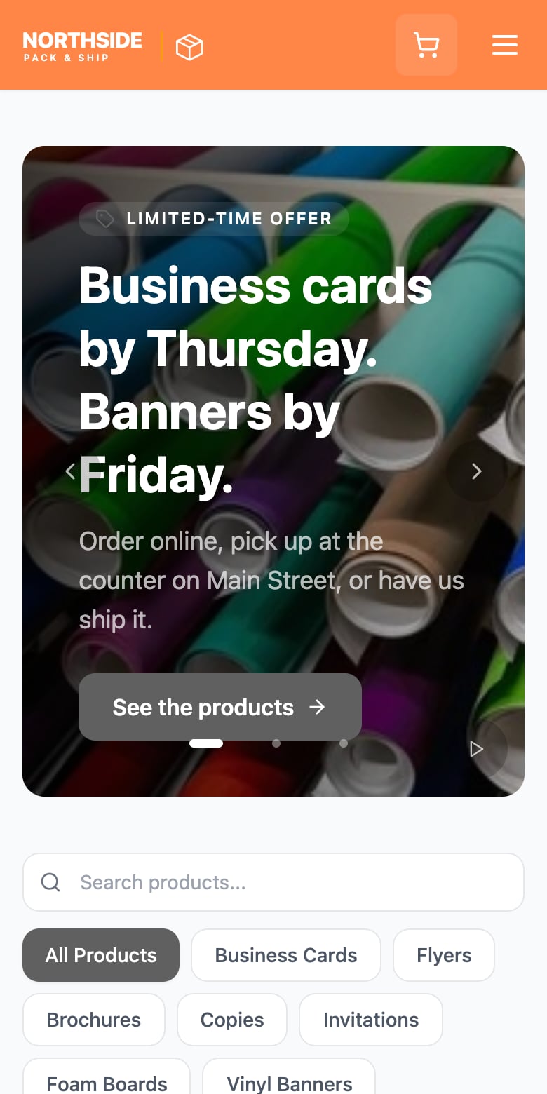 Northside Pack & Ship, the demo store on FlowPrinter, on a phone: the store's own logo in a warm brown header, a promo banner, product search and category filters.